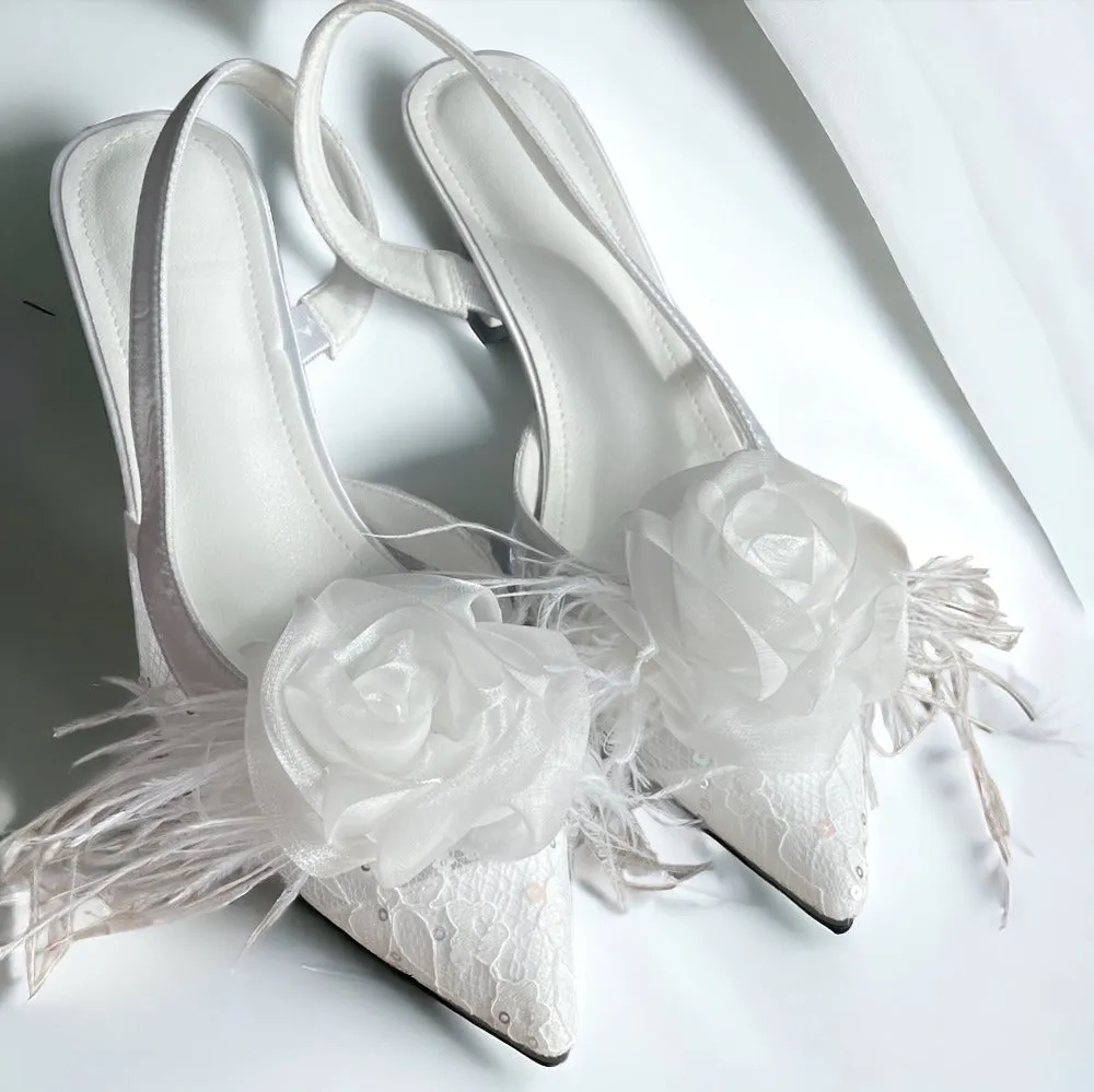 Organza Rose Fabric Flower Feather Shoes Clips, Handmade Decor - White