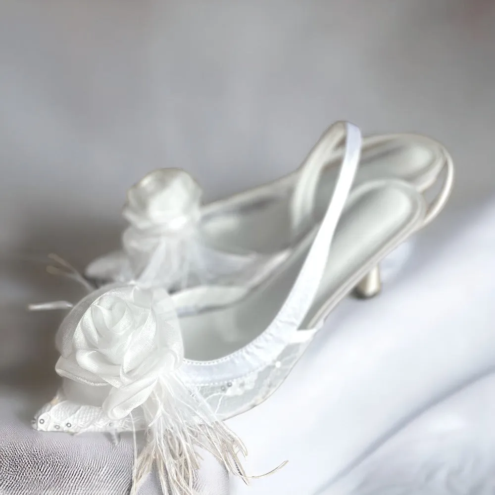 Organza Rose Fabric Flower Feather Shoes Clips, Handmade Decor - White