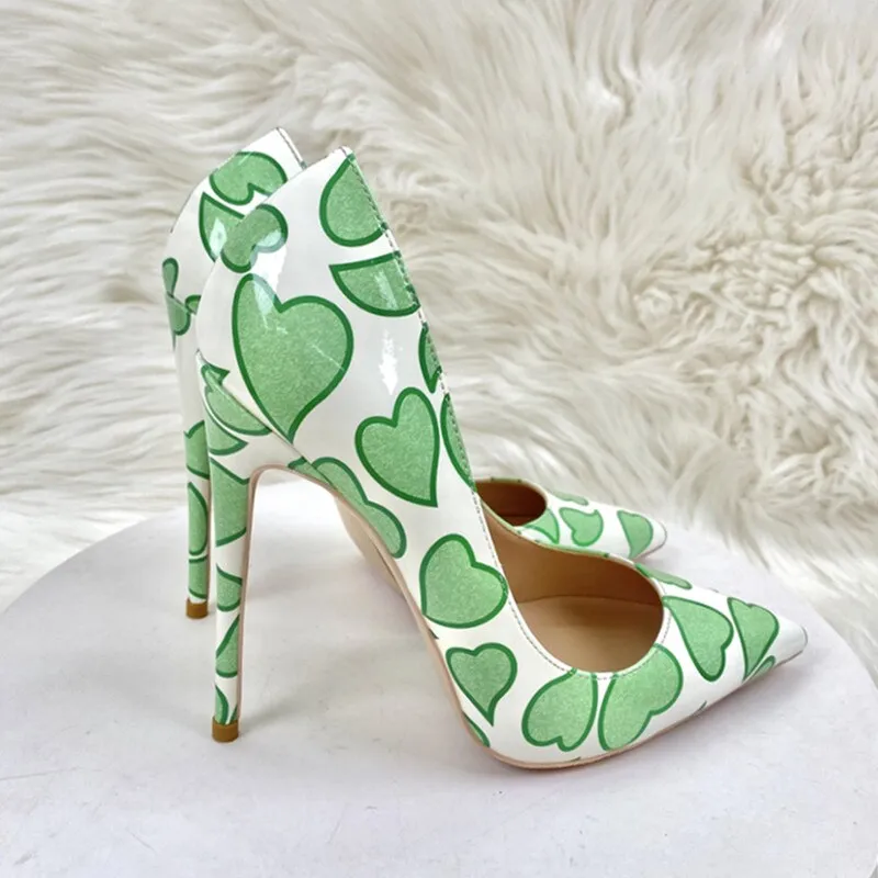 Pre Order:  Green Heart Patent Leather Pointed-Toe Shoes