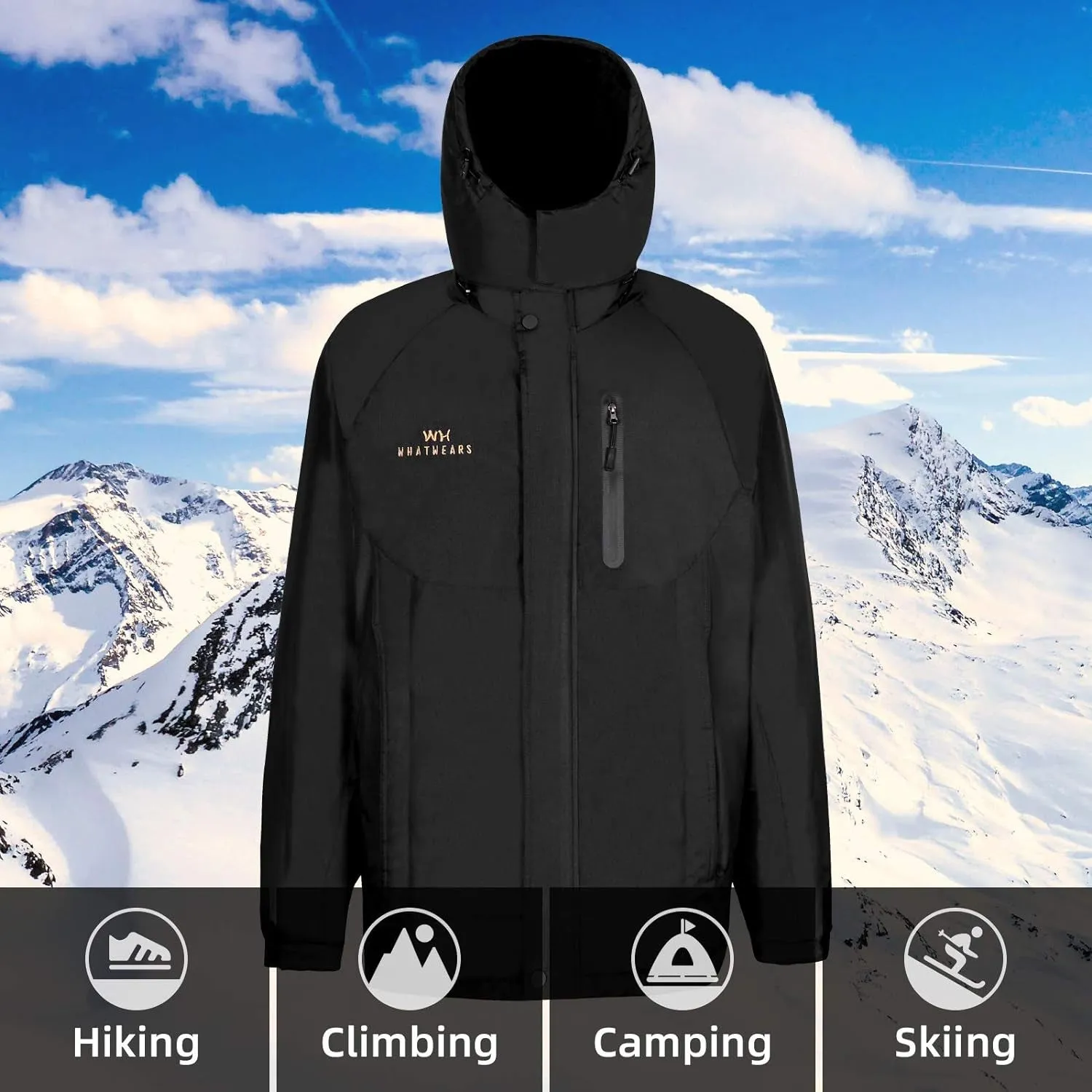 "Men's Waterproof Ski Jacket - Winter Warrior: Optimal Snow and Wind Protection, Hooded with Sleek Black Design"