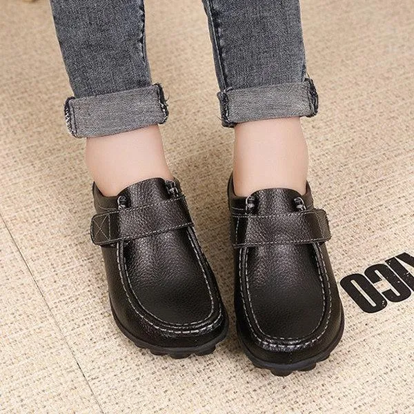 Soft Leather Pure Color Hook Loop Flat Comfortable Loafers