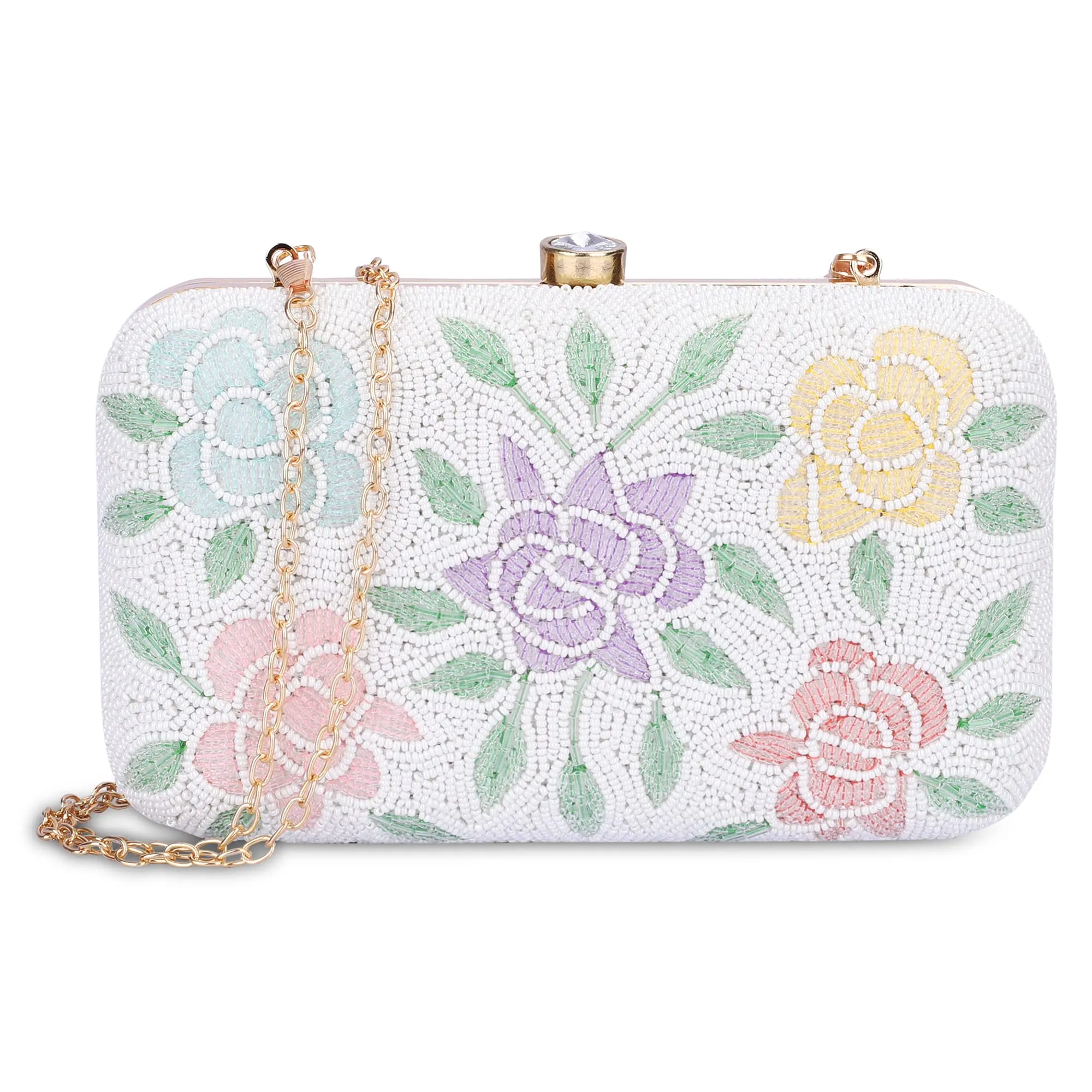 THE CLOWNFISH Polyester Norah Collection Womens Party Clutch Ladies Wallet With Chain Strap Evening Bag With Beads Work Floral Design (Snow White)