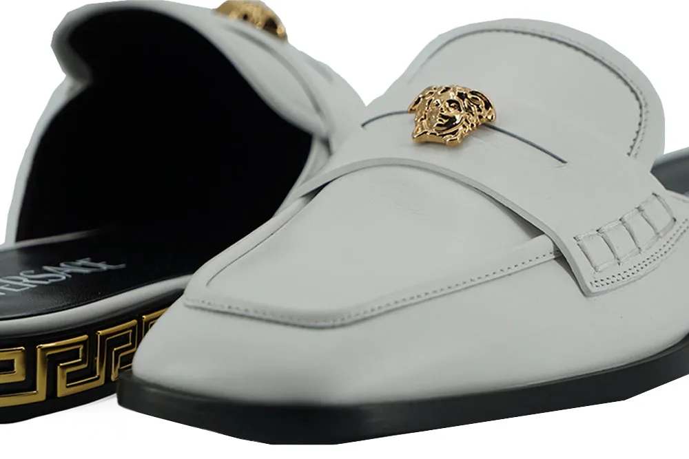 Versace Elegant Gray Leather Flat Slides