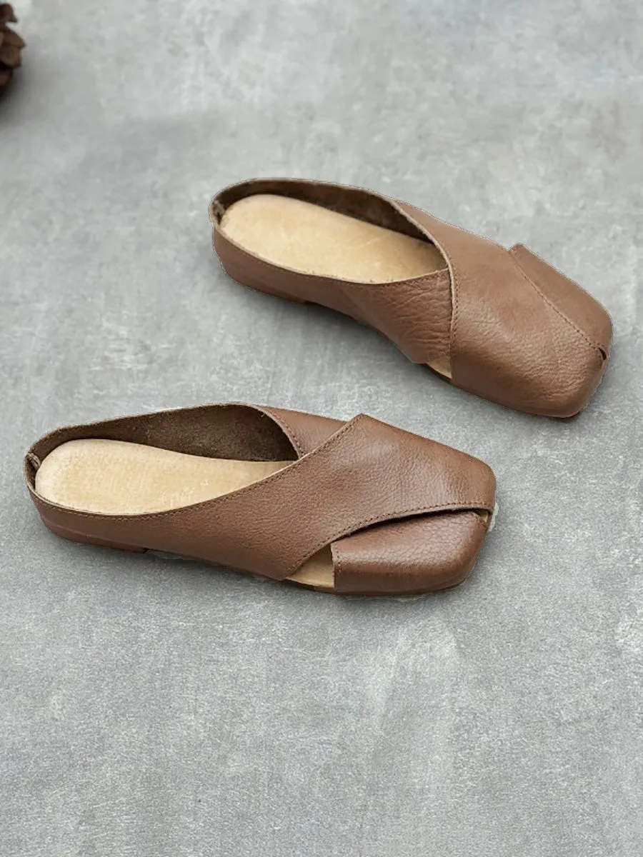 Women Summer Solid Leather Spliced Slippers